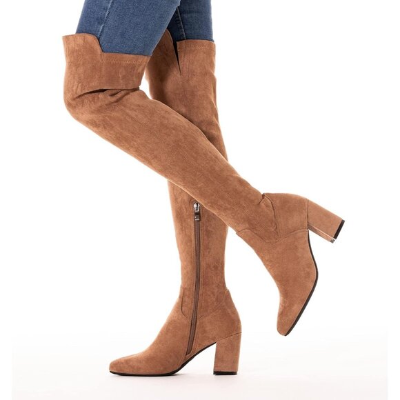 Women Brown/3 Inch Heel Faux Suede Over The Knee Thigh High Low Block Heel Boot - Picture 2 of 5